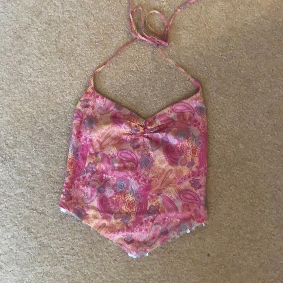 Guess Tops - Pink Paisley Halter Top with Iridescent Sequins Guess Tops - Pink Paisley Halter Top with Iridescent Sequins